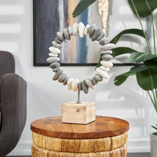14" Gray Metal Circular Stone Abstract Sculpture with Brown Wooden Base